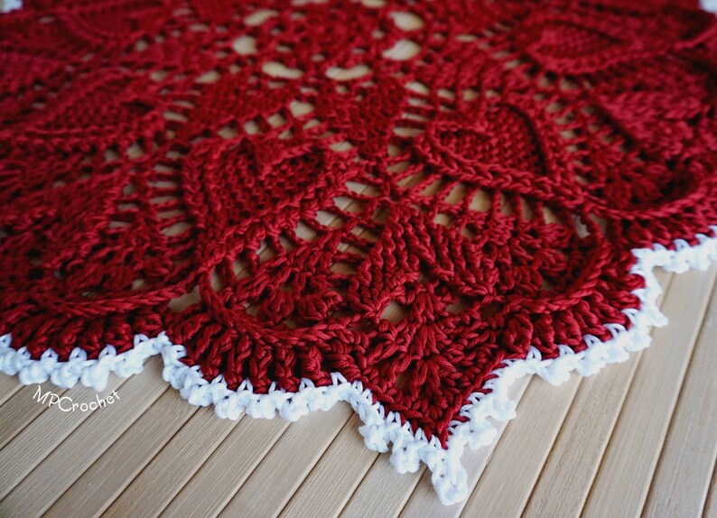 Red Christmas doily custom size hand woven with shiny Egyptian cotton creating an elegant texture of embossed hearts image 5