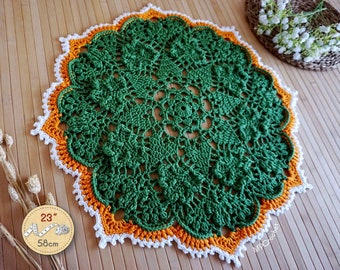 Shamrocks doily 23 in, Emerald green orange and white cotton doily, Country home doily, Cottage garden decor, St Patrick's Day decor