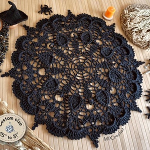 Creepy black Halloween table doily with spider webs cats and vampires, Gothic sturdy round Halloween table centerpiece custom size