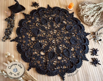 Creepy black Halloween table doily with spider webs cats and vampires, Gothic sturdy round Halloween table centerpiece custom size