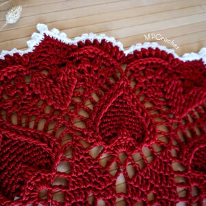 Red Christmas doily custom size hand woven with shiny Egyptian cotton creating an elegant texture of embossed hearts image 2
