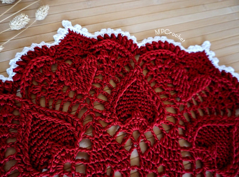 Red Christmas doily custom size hand woven with shiny Egyptian cotton creating an elegant texture of embossed hearts image 2