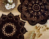 Black home decor doily, Two black doilies set hand crocheted with organic cotton 18 and 21 inch, Gothic lovers gift