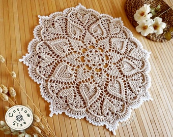 Light tan beige crochet doily hearts in relief custom size, Cottage table decor doily, Natural beige mat for coffee and end table