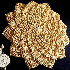 Golden yellow lotus mandala wall art custom size, Handmade artistic doily, Yoga room wall decor, Sacred space decor