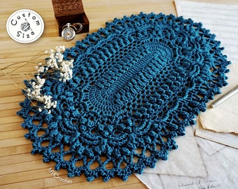 Indigo blue oval doily custom size, Shiny Egyptian cotton blue textured table runner, Lakehouse and beach cottage crochet tablecloth doily.