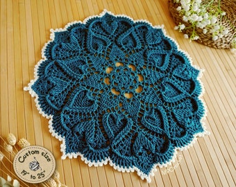 Indigo blue custom size doily hearts in relief, Beach cottage table decor, Elegant blue and white coastal table decor, Lakehouse decor