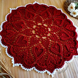 Red Heart or White Crochet Doily: Egyptian Cotton Table Centerpiece White trim deep red