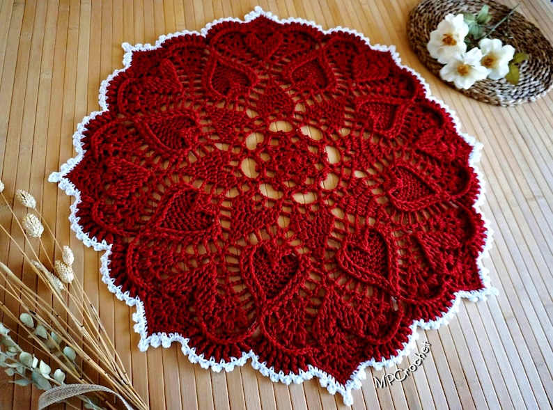 Red Heart or White Crochet Doily: Egyptian Cotton Table Centerpiece White trim deep red