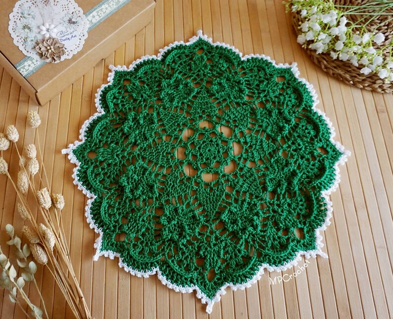 Emerald green Doily custom size, Outdoor decor gift, Green clovers cotton doily, Garden porch table decor. St Patricks shamrocks decor doily image 5