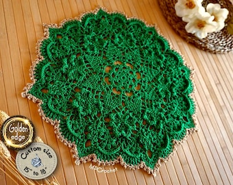 St Patrick's Day Decor: Emerald Green Crochet Doily with Golden Edge