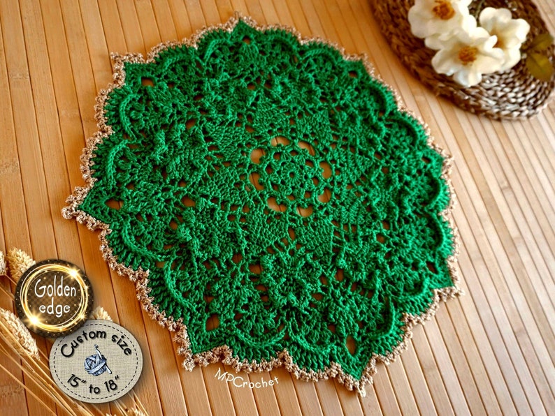 Hand crochet doily in bright emerald green edged with golden yarn. Thin thickness yarn creating creative embossed shamrocks in a circle around the center of the piece.