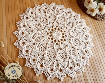 Ivory hand crochet doily custom size, Delicate off-white coffee and end table mat for a fine and natural home decor