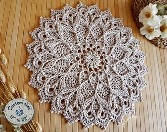 Mandala crochet wall art with delicate reliefs, Custom size handmade artistic doily light beige, Yoga room wall decor, Sacred space decor