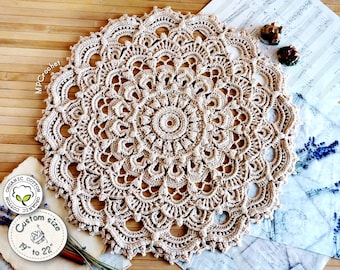 Beige textured doily custom size, End and coffee table 3D bohemian doily, Hand crochet organic cotton doily for cottage table decor
