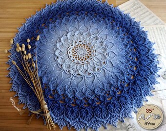Stunning extra large ombre indigo blue table cover doily 35 in, Circular hand woven cotton gradient rug, Gradient indigo home decor