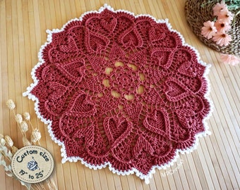 Viva Magenta crochet doily custom size, Vibrant magenta hearts doily, Romantic pink side table doily