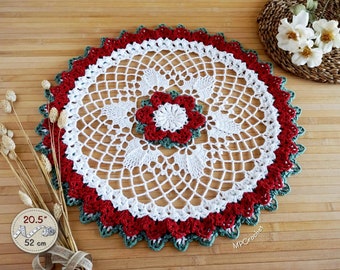 Christmas doily vintage style 20 inch, Christmas openwork table doily with nice reliefs hand woven in red white and green colored cotton
