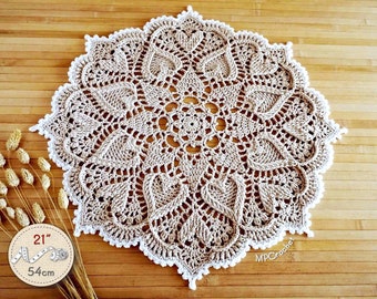 Tan beige crochet doily 21 inch with hearts in relief, Natural beige mat for coffee and end table