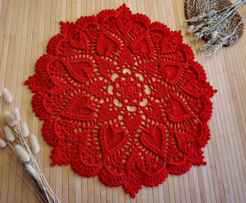 Red Heart or White Crochet Doily: Egyptian Cotton Table Centerpiece Light red