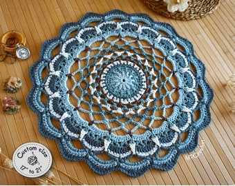 Beach cottage table decor doily, Custom size side table mat, Lake house decor, Coastal cottage decor, Indigo blue white crochet doily