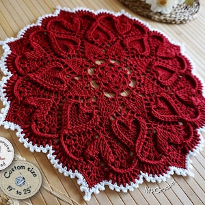 Crochet Heart Doily, Dark Red Table Mat, Custom Size