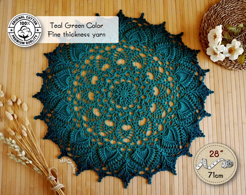 Green large doily, Gradient teal green hand crochet table doily 28 inch, Cottage round table runner, Turquoise green table topper image 3