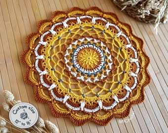 Yellow and terracotta doily custom size, Spring and summer end table doily, Modern farmhouse side table doily, Cottage yellow table mat