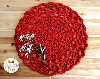 Red crochet doily 20 inches, red cotton cord round doily, crocheted tablecloth, red table centerpiece Christmas decor.