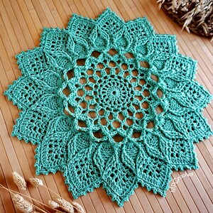 Custom size and color floral motif textured doily hand crocheted with 15 stunning Egyptian cotton colors Mint Green