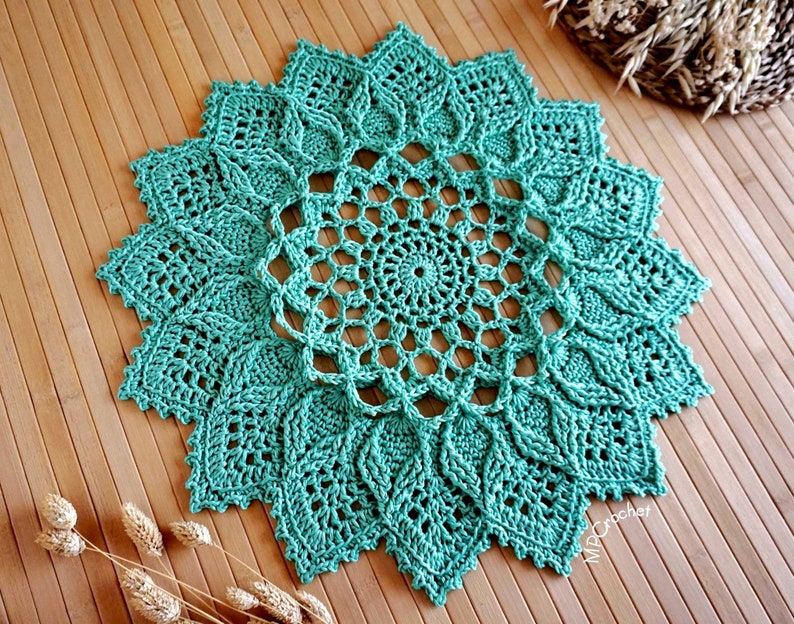 Custom size and color floral motif textured doily hand crocheted with 15 stunning Egyptian cotton colors Mint Green