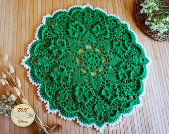 Napperon Shamrock, napperon au crochet vert émeraude et blanc, tapis de décoration de table de printemps, décor de la Saint-Patrick, dessus de table porte-bonheur trèfle