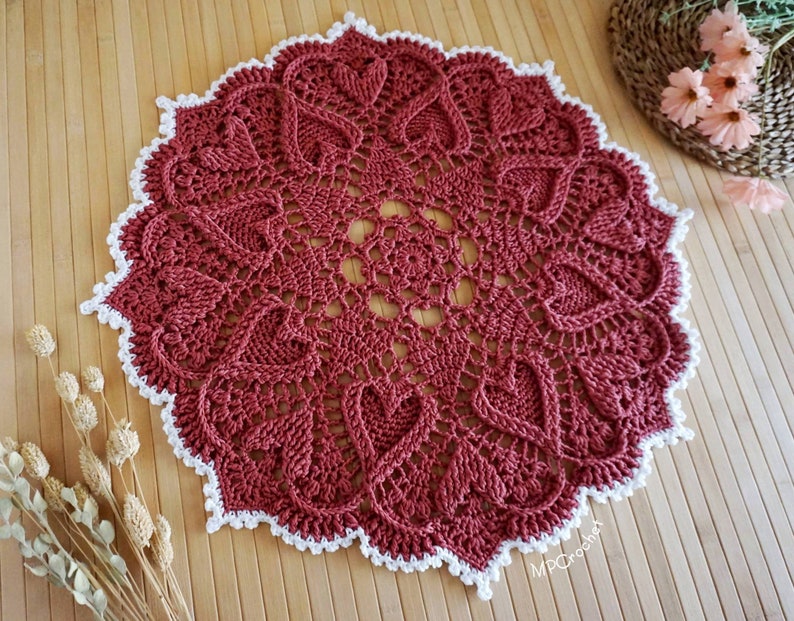 Custom color and size doily hand crocheted with awesome Egyptian cotton colors, White edge and hearts reliefs doily Viva Magenta