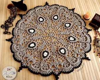 Creepy Halloween skulls doily, Gray and black table top for Halloween, Round hand woven Halloween spider web skulls 25 inch mat