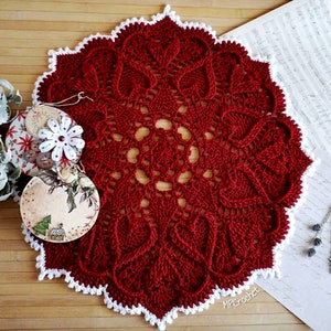 Red Christmas doily custom size hand woven with shiny Egyptian cotton creating an elegant texture of embossed hearts image 4