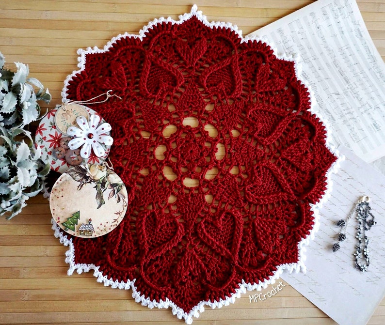 Red Christmas doily custom size hand woven with shiny Egyptian cotton creating an elegant texture of embossed hearts image 4