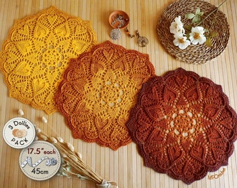 Gradient honeycomb crochet doilies trio, Delicate ombré effect yellow orange and honey hearts mats, End and coffee table doilies set