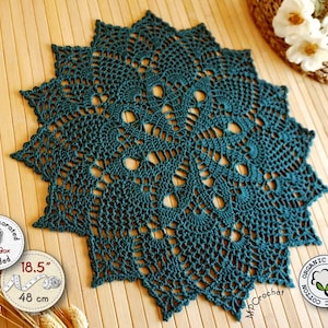 Green teal doily for coffee table decor hand crocheted with organic cotton 18,5 inch