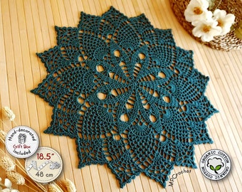 Green teal doily for coffe table decor hand crocheted with organic cotton