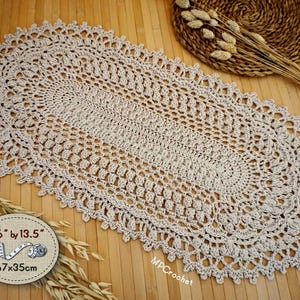 Hand Crocheted Egyptian Cotton Doily: Light Taupe Oval Table Runner (26x13.5 inches)
