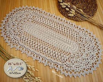 Light taupe oval doily custom size, Shiny Egyptian cotton beige textured table runner, Lakehouse and beach cottage doily.