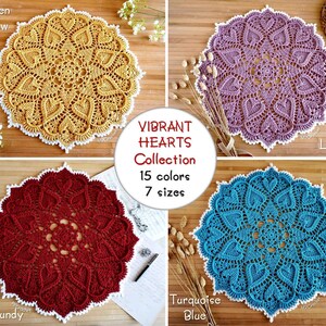 Custom color and size doily hand crocheted with awesome Egyptian cotton colors, White edge and hearts reliefs doily image 5