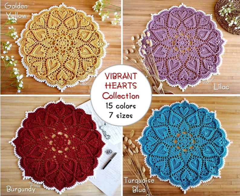 Custom color and size doily hand crocheted with awesome Egyptian cotton colors, White edge and hearts reliefs doily image 5