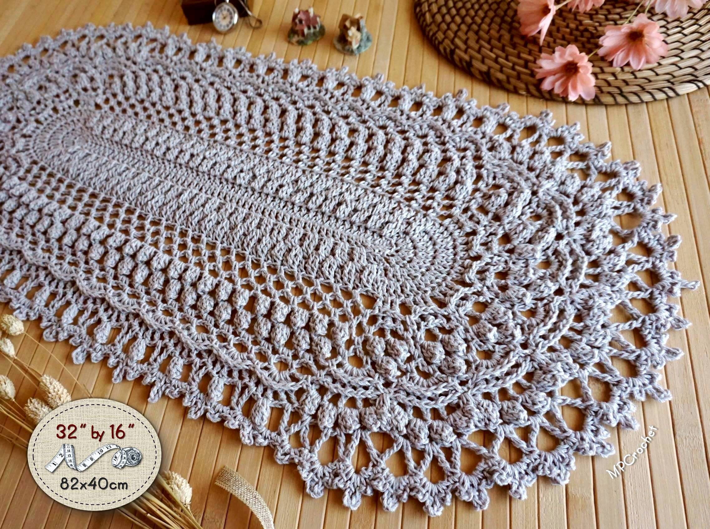 Steel gray table runner 32 inch, Cottage linen and cotton table runner, Gray home decor, Oval gray crochet doily