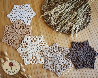 Small doilies customizable in 5 shades of beige color hand crocheted with shining Egyptian cotton, Vintage style autumn coasters