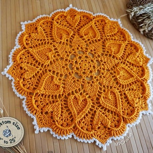 Orange Crochet Doily: Egyptian Cotton Table Centerpiece with Hearts