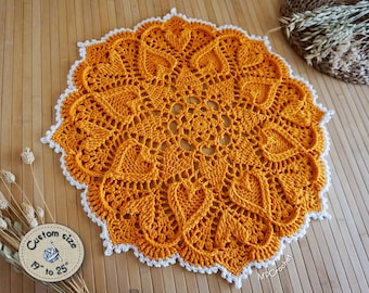 Orange crochet doily custom size, Orange hearts doily, Amazing Egyptian cotton table centerpiece