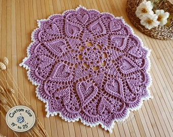 Lilac hearts doily custom size, Lavender colored crochet doily with hearts in relief, Light purple side or garden table doily