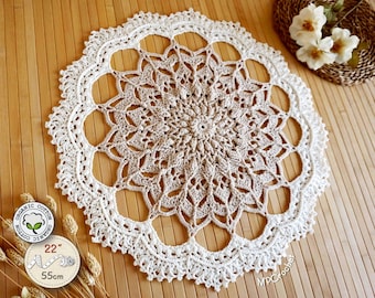 Beige and off-white crochet doily 22 inch, Delicate dresser textured doily, Ecofriendly 3D centerpiece, Cottage natural coffee table decor