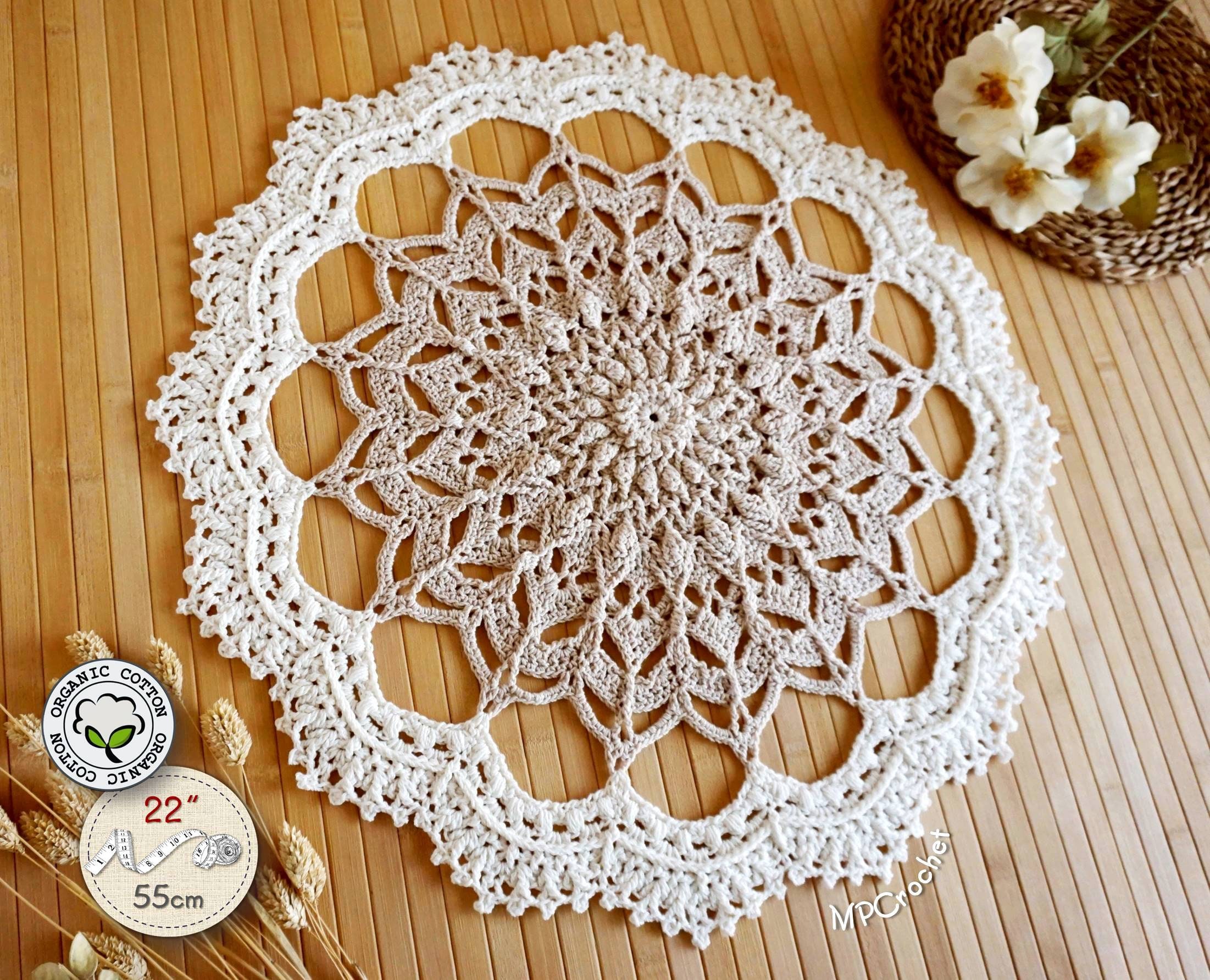 11.5 inch Bloom Shaped Crochet Lace Doily Placemats, Handmade Cotton Doilies - Beige (2 Pack)